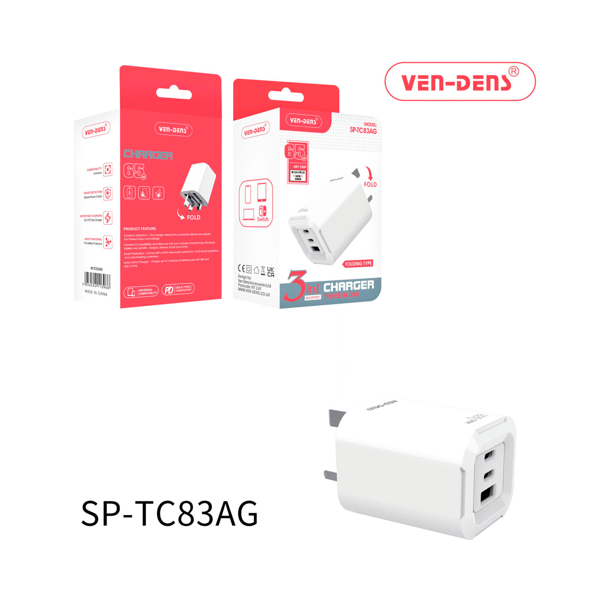 Ven-Dens - 65W GaN Charger USB & Type-C 3 in 1