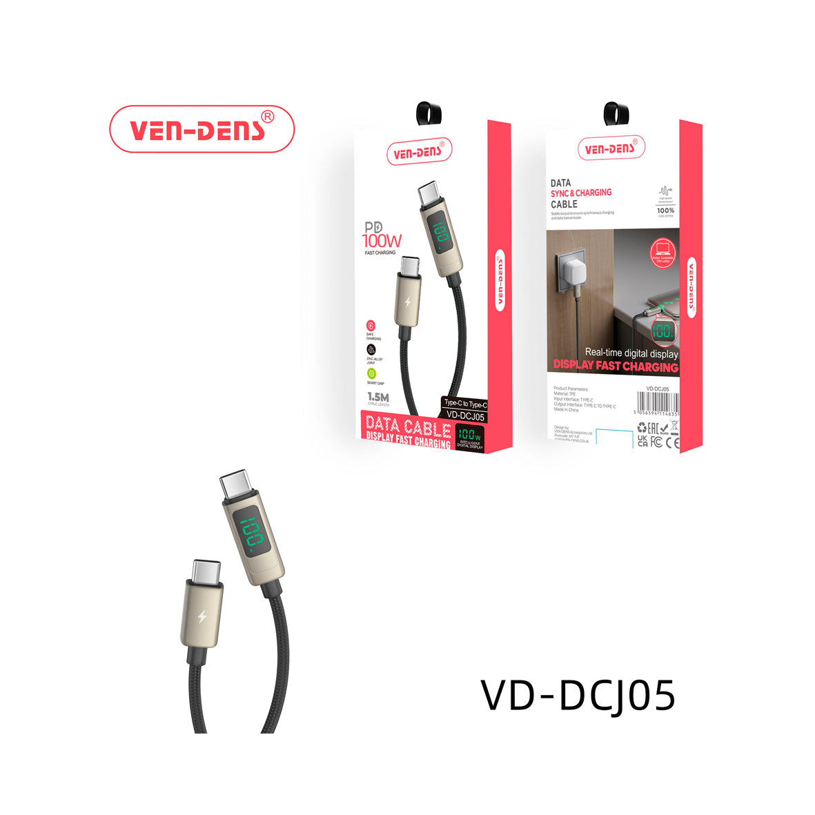 Ven-Dens - Charging and Data Transfer Cable with LCD - USB-C to USB-C 1.5m