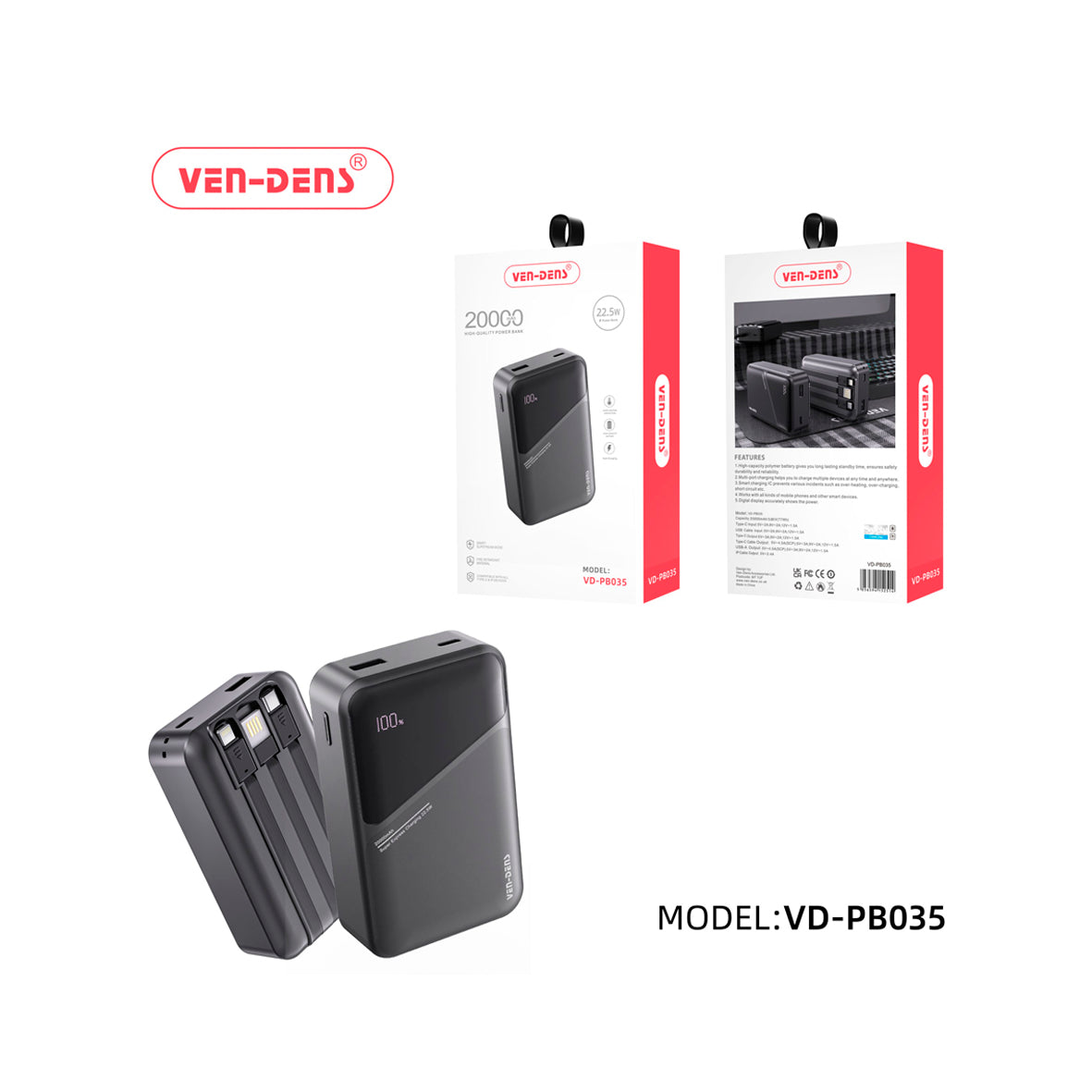 Ven-Dens - 20000mAh Powerbank Black - VD-PB035