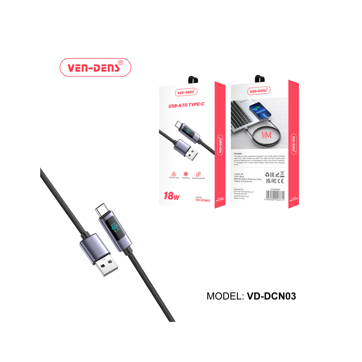 Ven-Dens - 18W Fast Charger Display Type C Charging Data Sync