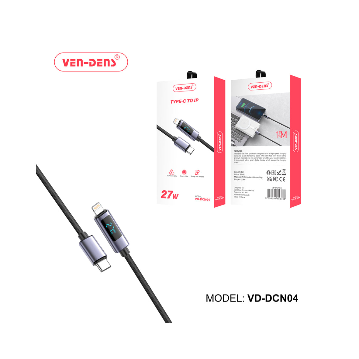Ven-Dens - 27W Charging and Data Transfer Cable USB-C To Display LCD Lightning 1m