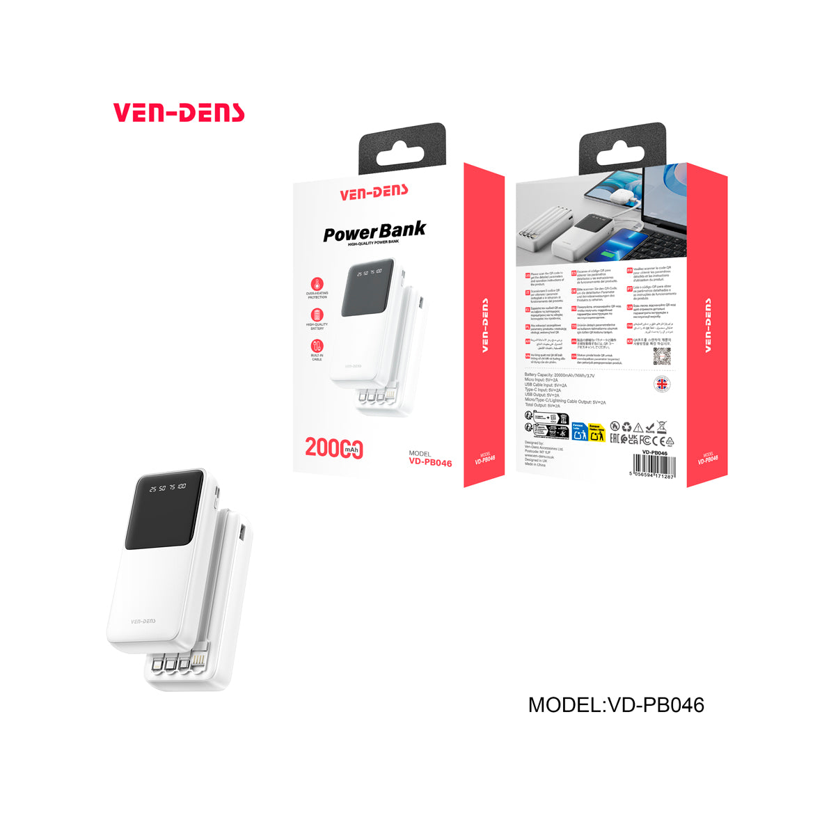 Ven-Dens - 20000mAh Powerbank White - VD-PB046