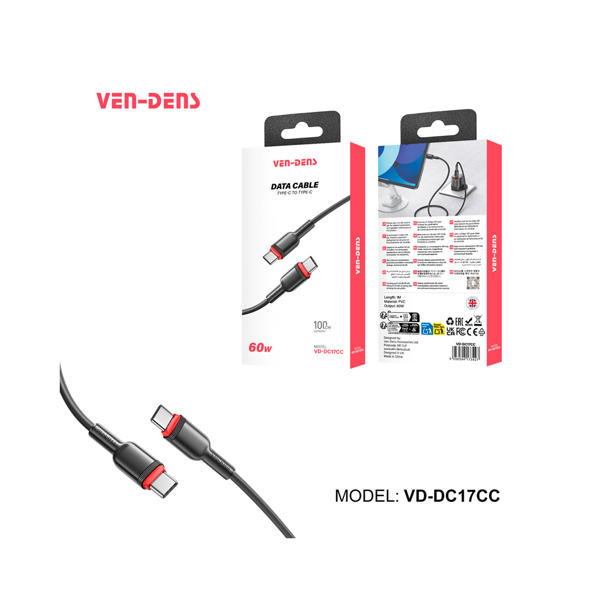 Ven-Dens - 1M - 60W USB-C to USB-C Cable - Black