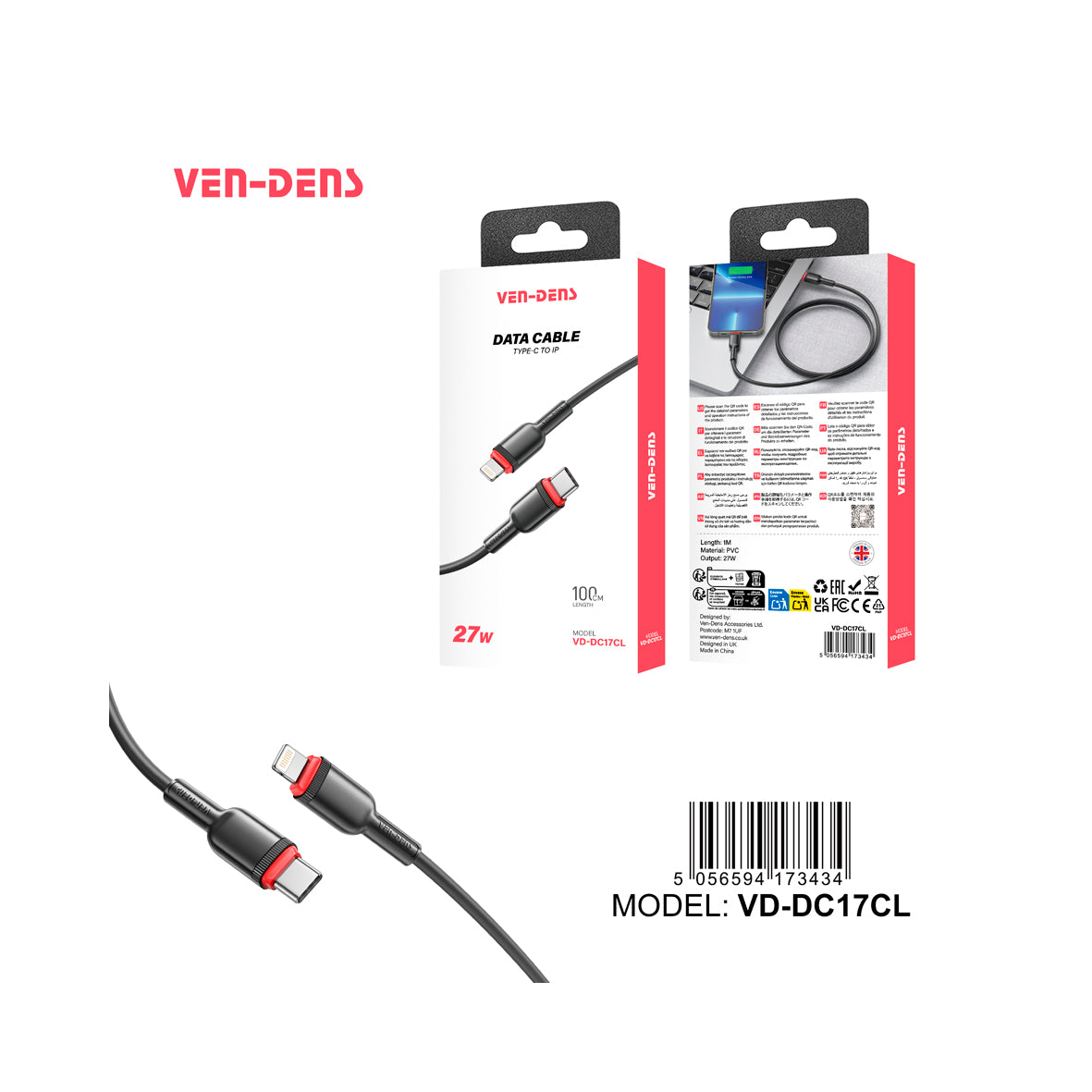 Ven-Dens - 27W Charging and Data Transfer Cable Type-C to Lightning 1M