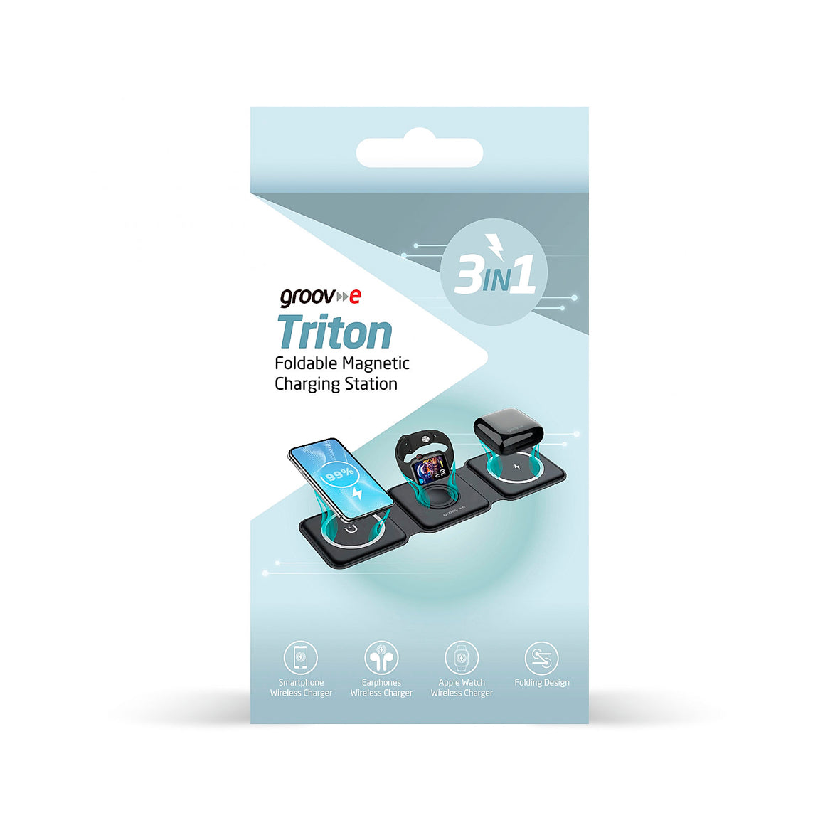 Groov-e - Triton 3 In 1 Foldable Wireless Charging Station Fast Charging