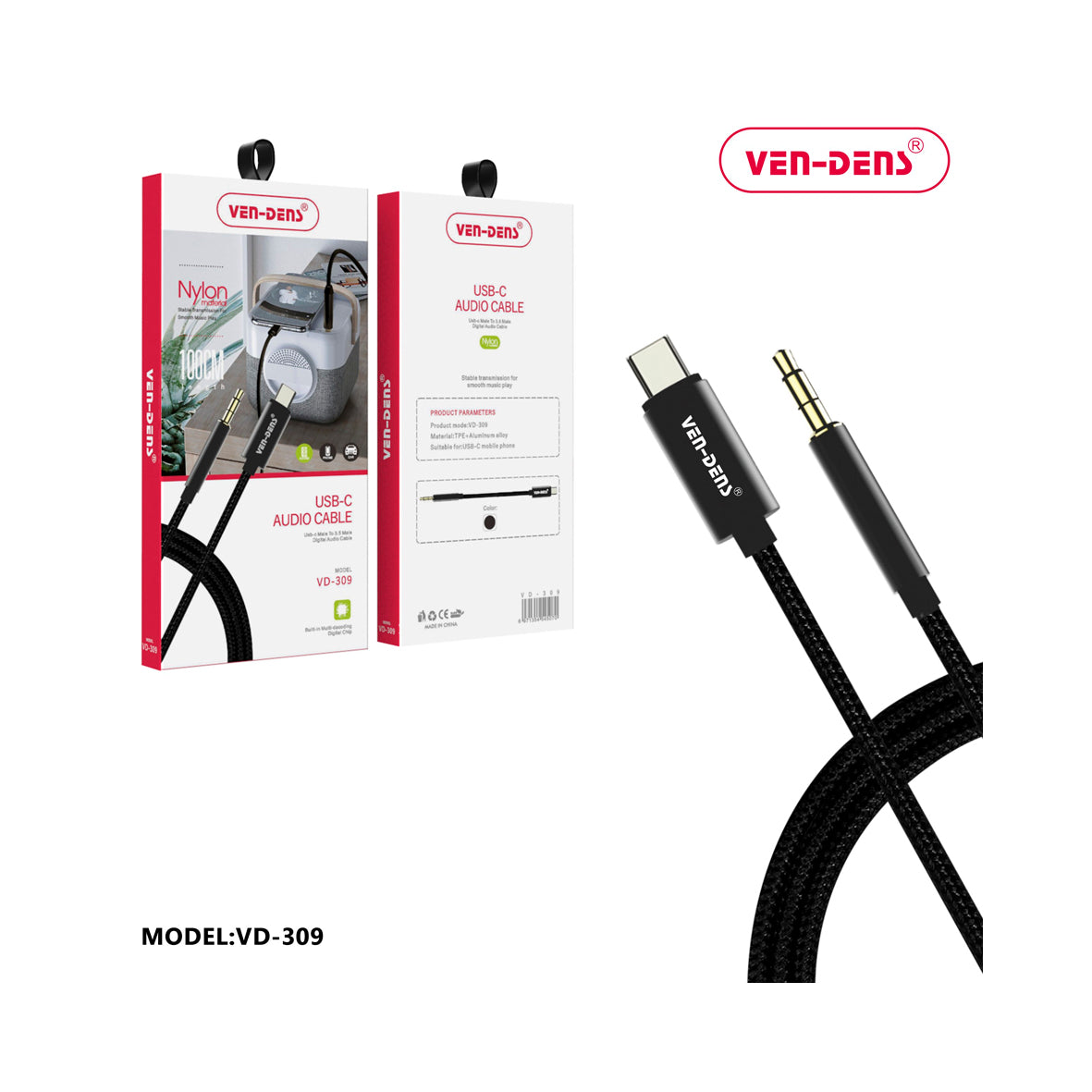 Ven-dens - 1M - USB-C To AUX Cable - Black