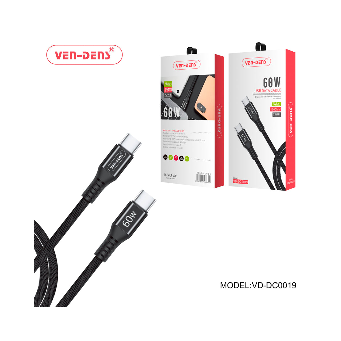 Ven-Dens - Type C to C 60w Nylon Black