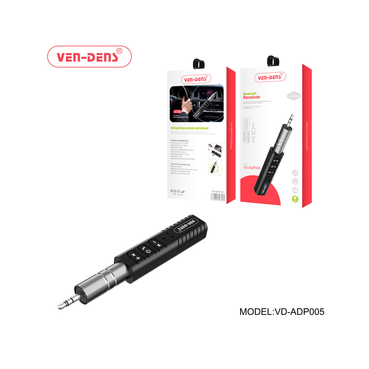 Ven-Dens - Car Bluetooth Wireless Adapter Aux 3.5mm Audio Stereo Music