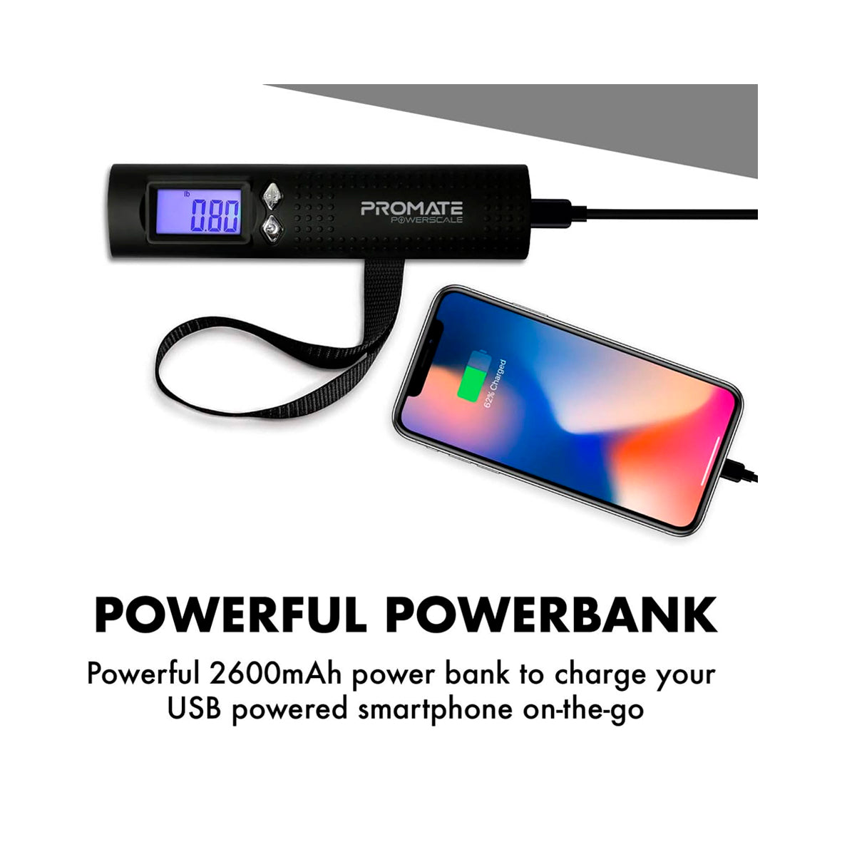 Promate - PowerScale 3-in-1 Power Bank with Torch and Weighing Scale - Black