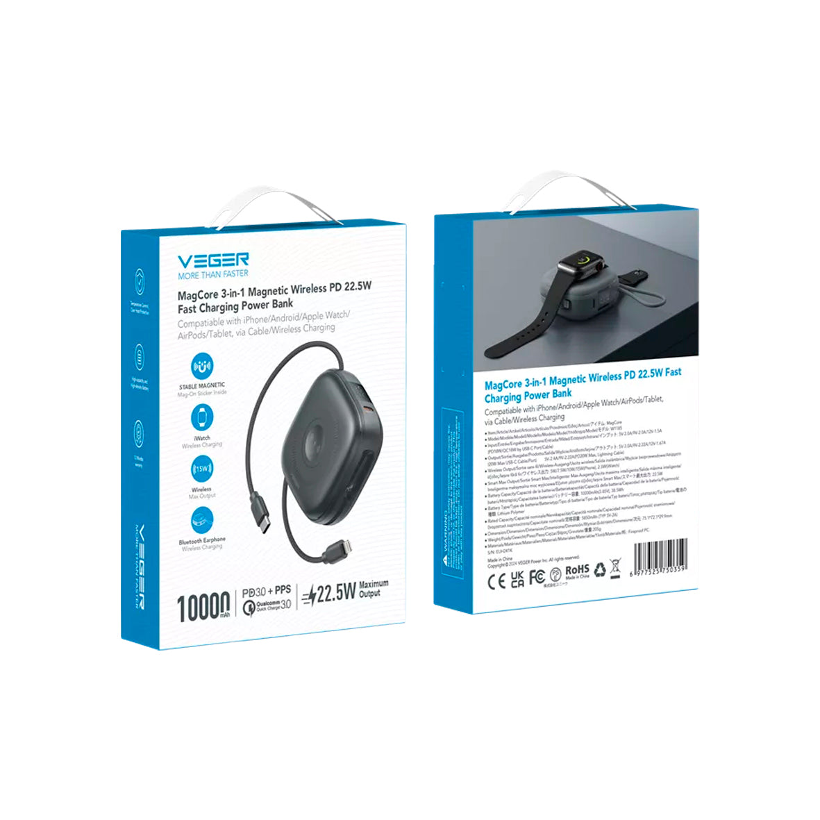 Veger - Magcore - 10,000mAh PD Wireless Charging Powerbank - Black