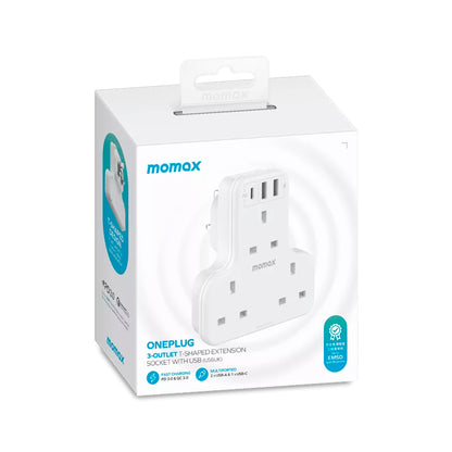 MOMAX - OnePlug - 3-Outlet Extension Plug Socket T-Shaped Power Strip - USB-C & 2x USB