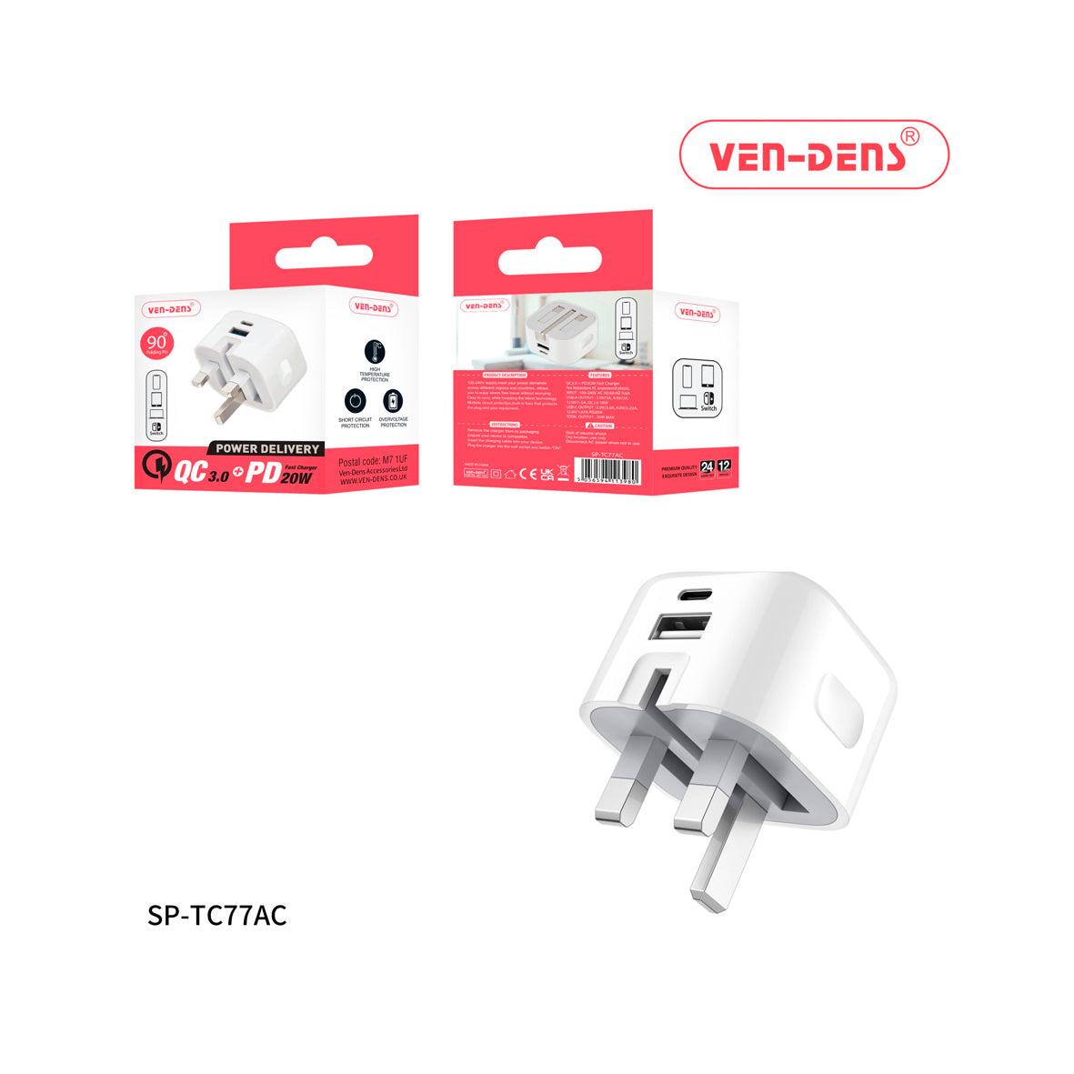 Ven-Dens - USB Type-C+PD 20w Fast Charger Folding Plug