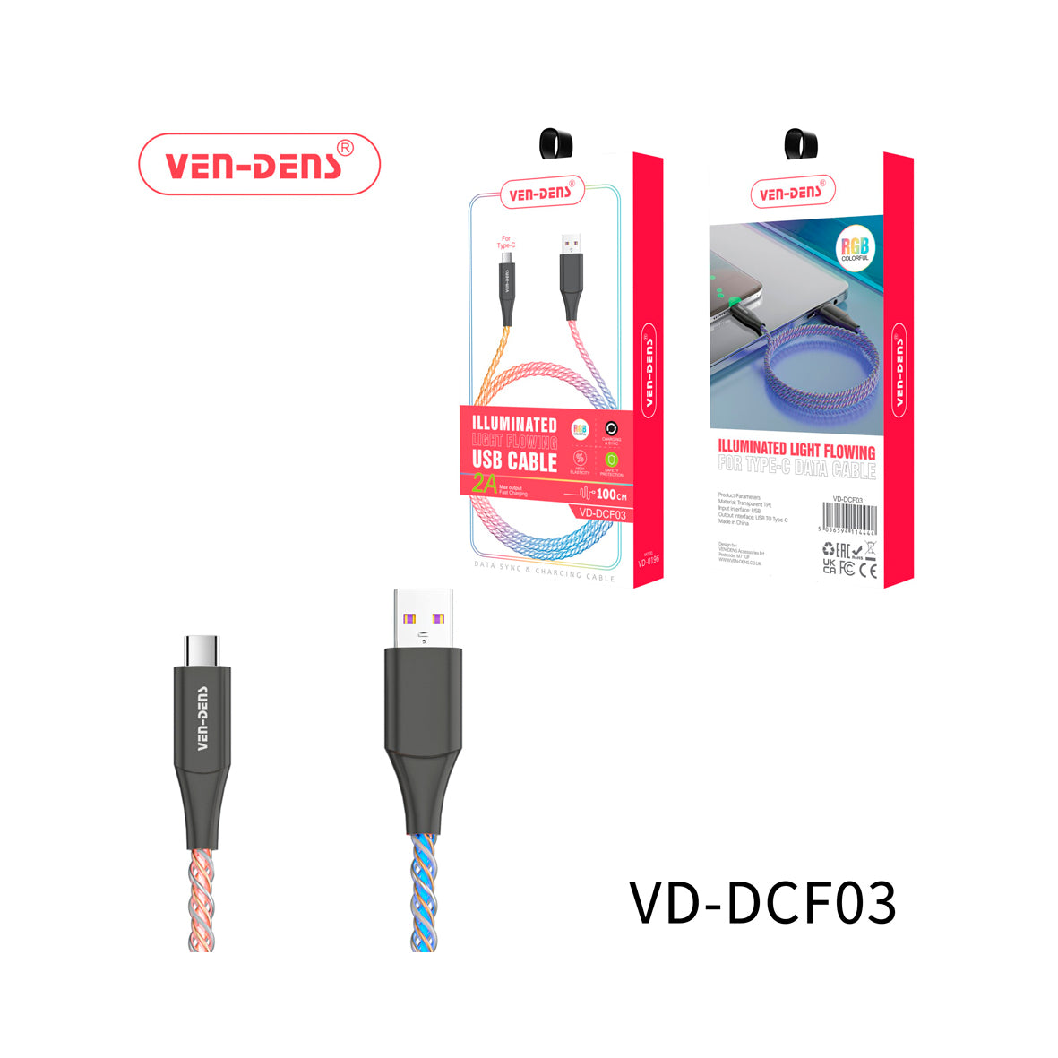 Ven-Dens - Illuminated Light Flowing USB A to Type-C Cable