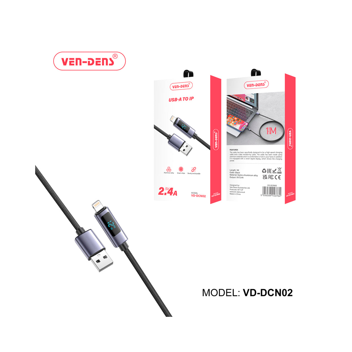 Ven-Dens - USB to Lightning 1m Cable VD-DCN02 - Black