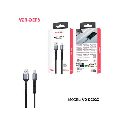 Ven-Dens - 18W Charging and Data Transfer Cable USB-A to Type-C 1M Black