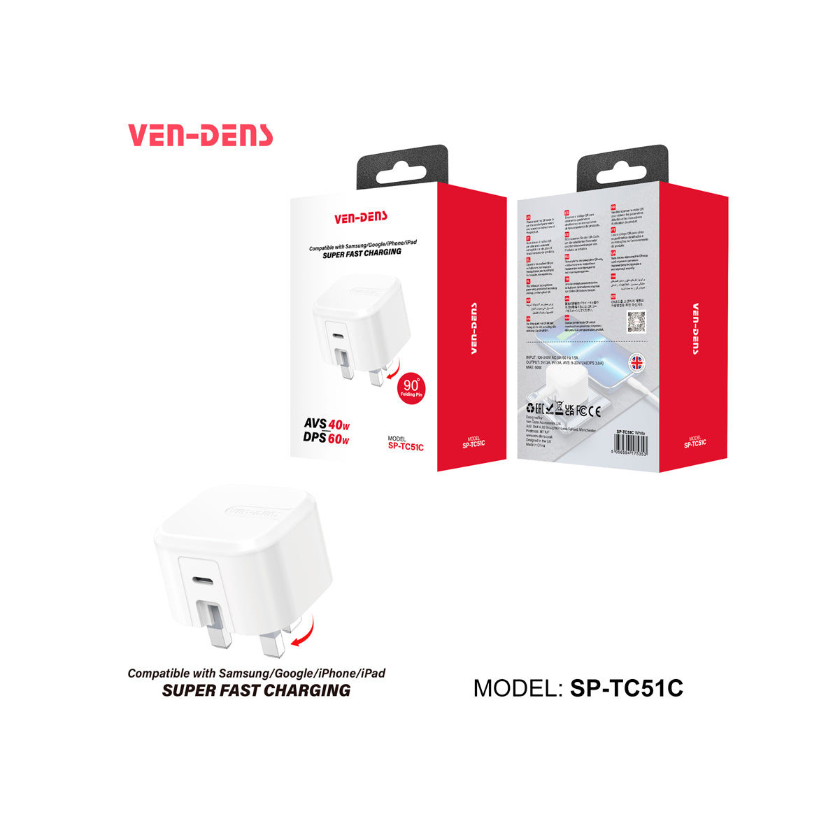 Ven-Dens - 60W USB-C Fast Charging Folding Plug