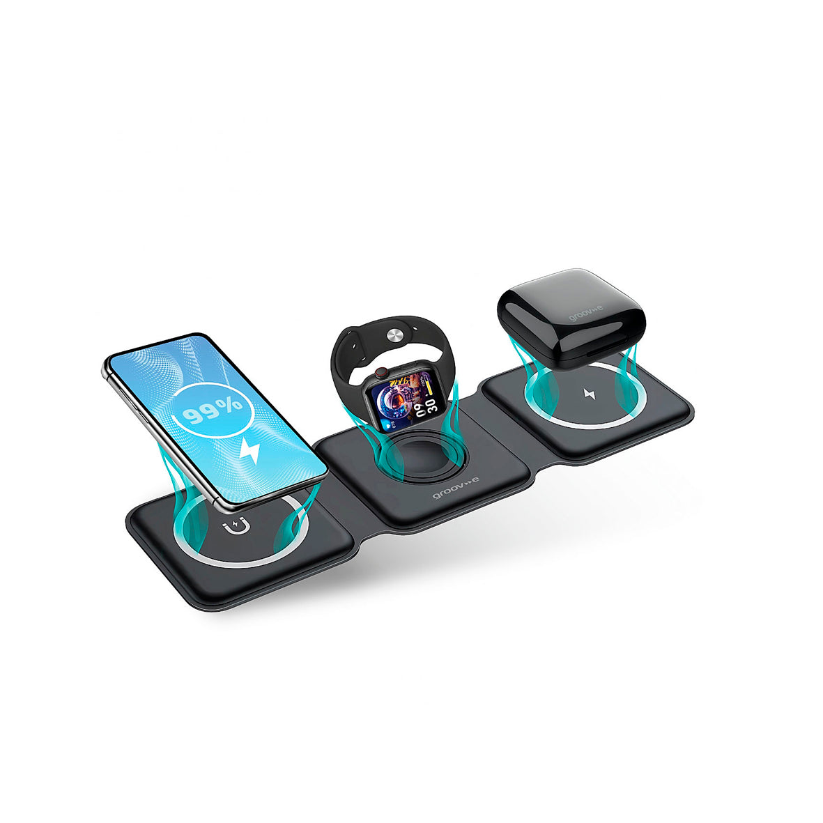 Groov-e - Triton 3 In 1 Foldable Wireless Charging Station Fast Charging
