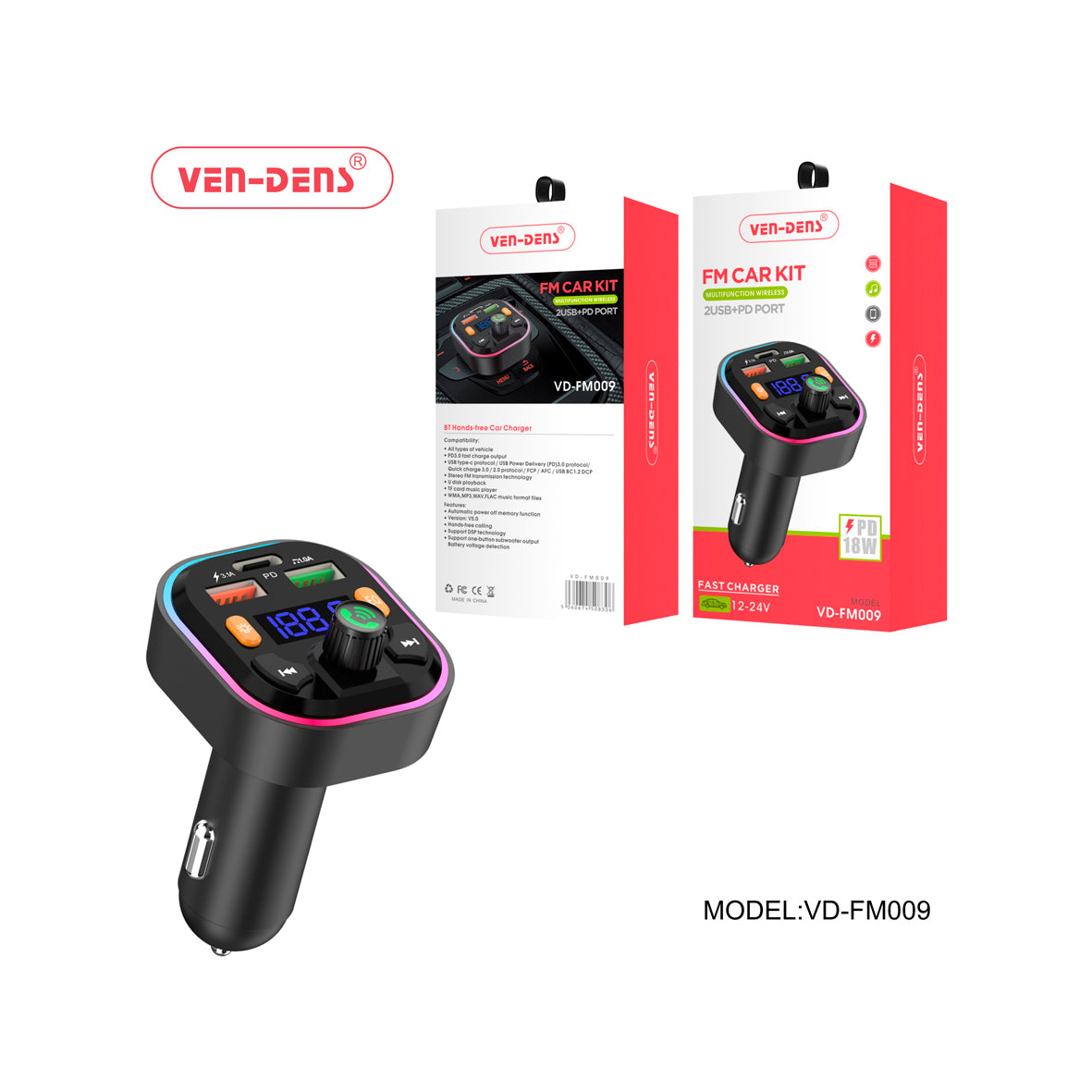 Ven-Dens - Car Charger & Bluetooth FM Player - 2 USB + PD Port