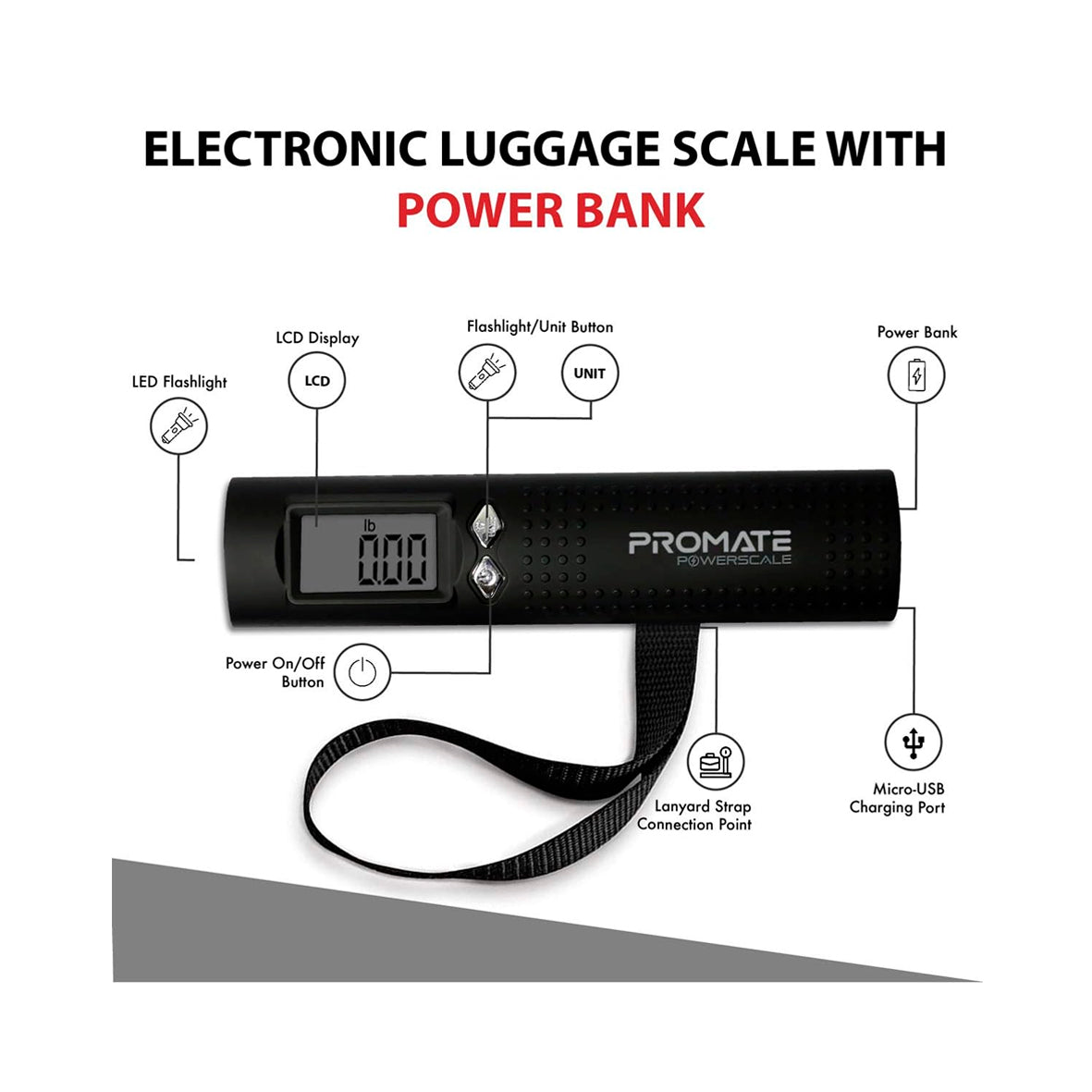 Promate - PowerScale 3-in-1 Power Bank with Torch and Weighing Scale - Black
