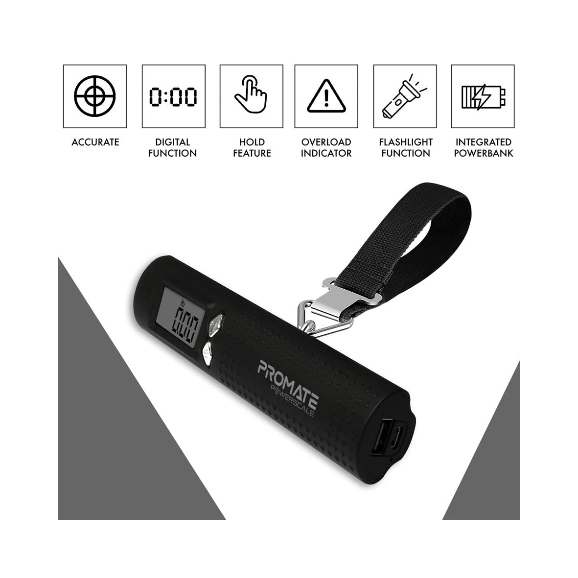 Promate - PowerScale 3-in-1 Power Bank with Torch and Weighing Scale - Black